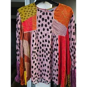 Blank London ANTHRO  Patchwork Mixed Print Babydoll Blouse Long Sleeve Pink  M